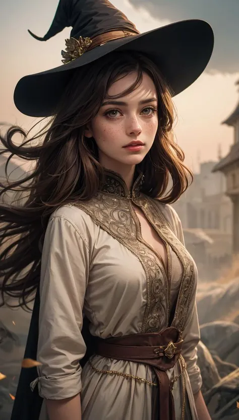 photorealistic, 35mm, intricate details, hdr, intricate details, hyperdetailed, natural skin texture, hyperrealism, sharp, 1 girl, adult (elven:0.7) woman, freckles, grey eyes, chestnut layered hair, portrait, looking down, solo, half shot, detailed background, witch hat, witch, magical atmosphere, hair flowing in the wind, red trimmed light colored clothes, whirlwind of swirling magic spell in the air, dark magic, (style-swirlmagic:0.8), floating particles,<lora:alexandradaddario:1.0>