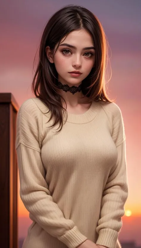 1 young cute iranian girl, very slim, skinny, redhead, rouge, red neck lace choker, cateyes makeup, colorful, oversize knit jumper, softcore, warm lighting, cosy atmosphere, Instagram style, red theme, upper body shot,(cinematic, black and red:0.85), (sunset beautiful background:1.3), sharp, dim colors
