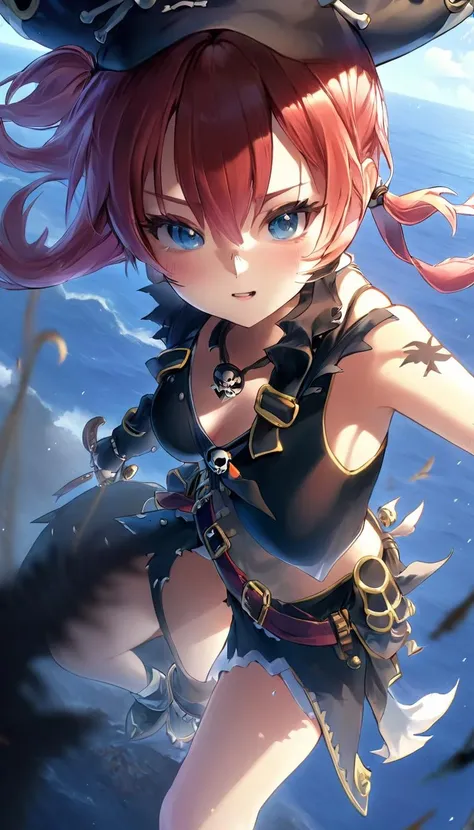 1girl, female pirate, extremely detailed piercing eyes, hero view, action pose, cinematic scene, scenery, detailed background, masterpiece, best quality, high quality, highres, absurdres, very detailed, high resolution, sharp, sharp image, 8k, vivid, colorful, anime <lora:hisiya_xl_v1:1.5>