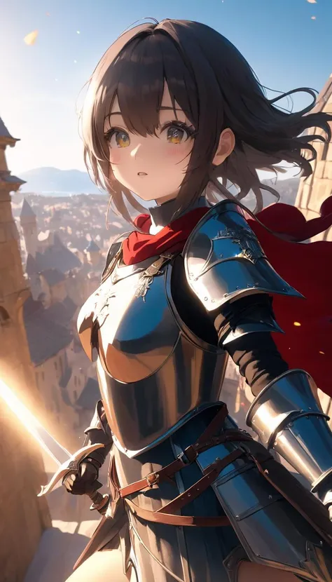 1girl, female knight, extremely detailed piercing eyes, hero view, action pose, cinematic scene, scenery, detailed background, masterpiece, best quality, high quality, highres, absurdres, very detailed, high resolution, sharp, sharp image, 8k, vivid, colorful, anime, Hisiya <lora:hisiya_xl_v1:1.0>