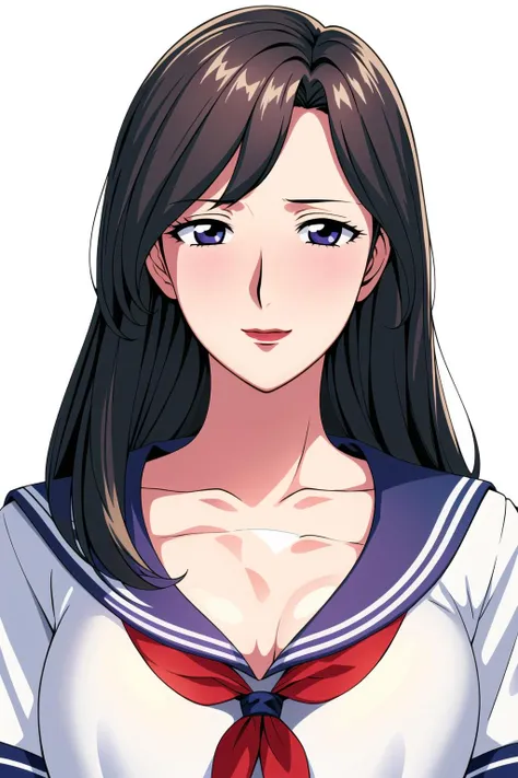 Simple White Background,
Blue sailor collar,school uniform, serafuku, short sleeves,
Red neckerchief,White shirt,
<lora:Fujino_Ninno_FoolishMother-KK77-V1:0.7>,
blue eyes, brown hair,bangs,Long_hair,
<lora:Oda_Non_Style-KK77-V2:0.3>,<lora:more_details:0.1>,
1 girl, 20yo,Young female,Beautiful Finger,Beautiful long legs,Beautiful body,
Beautiful Nose,Beautiful character design, perfect eyes, perfect face,expressive eyes,perfect balance,
looking at viewer,(Focus on her face),closed mouth, (innocent_big_eyes:1.0),(Light_Smile:0.3),
official art,extremely detailed CG unity 8k wallpaper, perfect lighting,Colorful, Bright_Front_face_Lighting,White skin,
(masterpiece:1.0),(best_quality:1.0), ultra high res,4K,ultra-detailed,
photography, 8K, HDR, highres, absurdres:1.2, Kodak portra 400, film grain, blurry background, bokeh:1.2, lens flare, (vibrant_color:1.2),professional photograph,
(Beautiful,large_Breasts:1.4), (beautiful_face:1.5),(narrow_waist),
