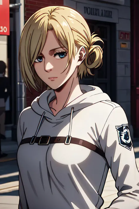 annie1 a woman, blonde, looking at the viewer, upper body photo, at the streets, <lora:annieX:1:lbw=FACES>