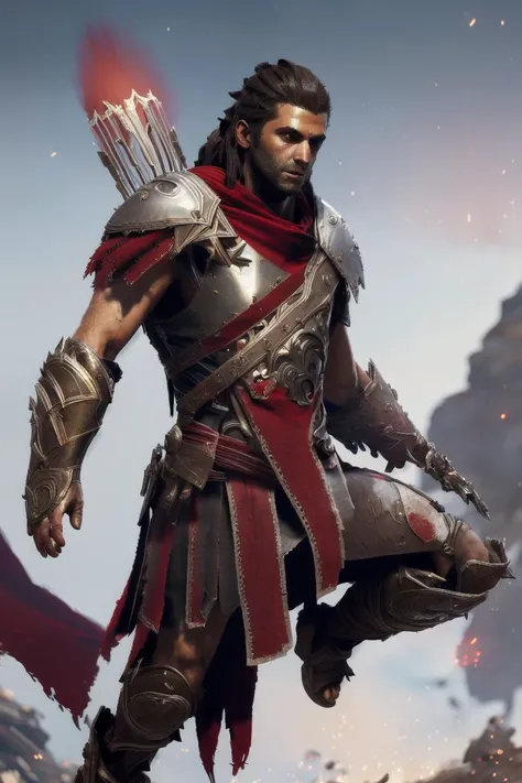 alexios in spartan armor and red cape, (jumping:1.2), cinematic, atmospheric, light particles, bokeh, soft lighting, (digital art by Martin Deschambault:1.5) <lora:Nlo_Alexios_v1:0.8>