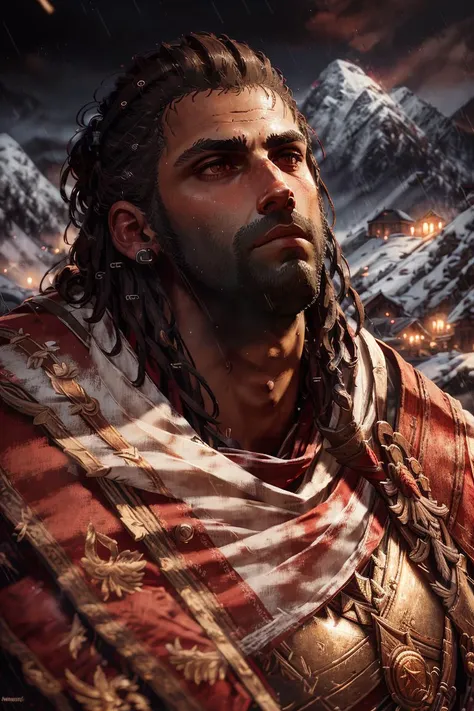 alexios looking up, at night, raining, with a mountain background, cinematic, atmospheric, light particles, soft lighting, digital art by Martin Deschambault <lora:Nlo_Alexios_v1:1>
