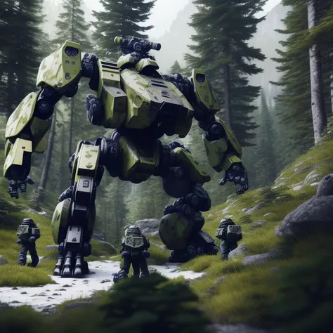 A a group of battlemechs patrolling in an alpine forest, inspired by FASA, realistic CGI, dynamic lighting, PBR, subsurface scattering, unreal engine, highly detailed, rule of thirds, leading lines