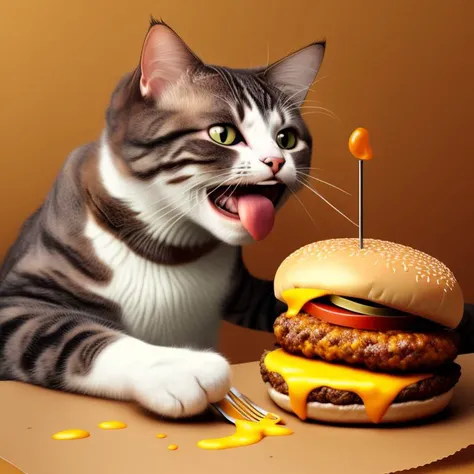 a cat eating a cheeseburger, meme