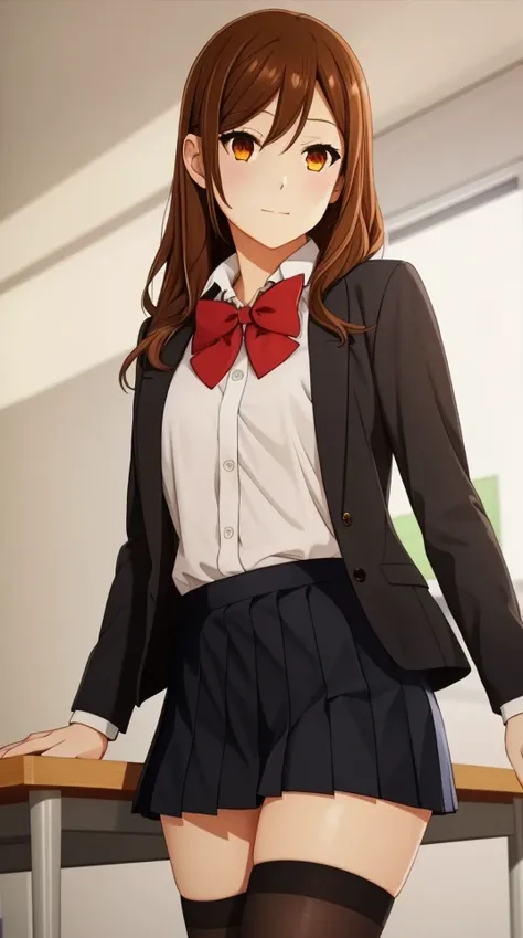 pixel-Hori, 1girl, school uniform, bow tie, jacket, white shirt, pleated skirt, black thighhighs, classroom, masterpiece, best quality, photorealistic, realistic, (RAW photo, 8k uhd, film grain), caustics, subsurface scattering, <hypernet:myhands_22k:0.75> <lora:hori_Kyouko-LoRA:0.6>