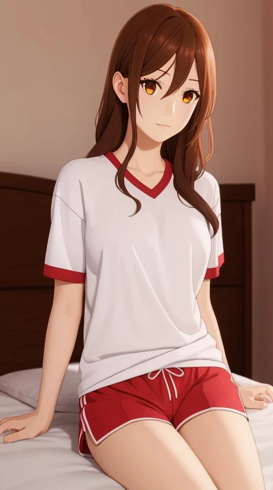 pixel-Hori, 1girl, white t-shirt, red shorts, pe uniform, bedroom, masterpiece, best quality, photorealistic, realistic, (RAW photo, 8k uhd, film grain), caustics, subsurface scattering, <hypernet:myhands_22k:0.75> <lora:hori_Kyouko-LoRA:0.6>