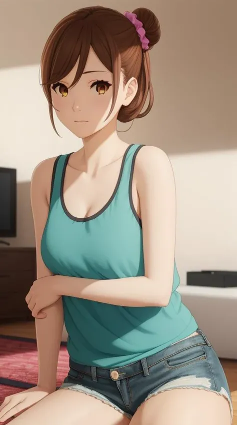 pixel-Hori, 1girl, scrunchie, single hair bun, loose tank top, shorts, living room, masterpiece, photorealistic, realistic, (RAW photo, 8k uhd, film grain), caustics, subsurface scattering, best quality, <hypernet:myhands_22k:0.75> <lora:hori_Kyouko-LoRA:0.6>