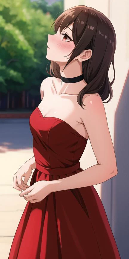 masterpiece, best quality, ultra-detailed, strapless long red dress, black choker, ((looking up, blushing)), medium chest, photorealistic, realistic, (RAW photo, 8k uhd, film grain), caustics, subsurface scattering, ((view from side))<hypernet:sgqo1n:0.35><lora:horiKyoukoCharacter_v10:0.35>
