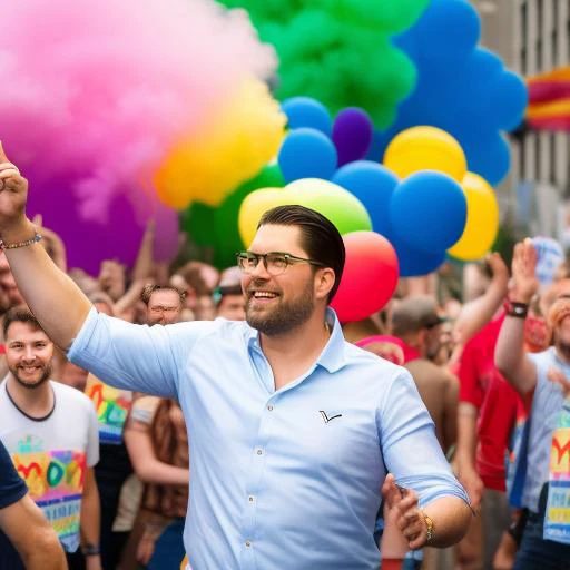 photo of Jimmie kesson walking in the pride parade,smiling,happy expression,gay men and drag queens dancing in background,professional action photography,hyper-realistic,highly detailed,24mm,dim lighting,high resolution,iPhoneX,by Peter Kemp,