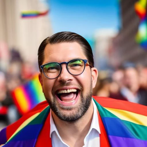 photo of Jimmie kesson walking in the pride parade,smiling,happy expression,gay men and drag queens dancing in background,professional action photography,hyper-realistic,highly detailed,24mm,dim lighting,high resolution,iPhoneX,by Peter Kemp,