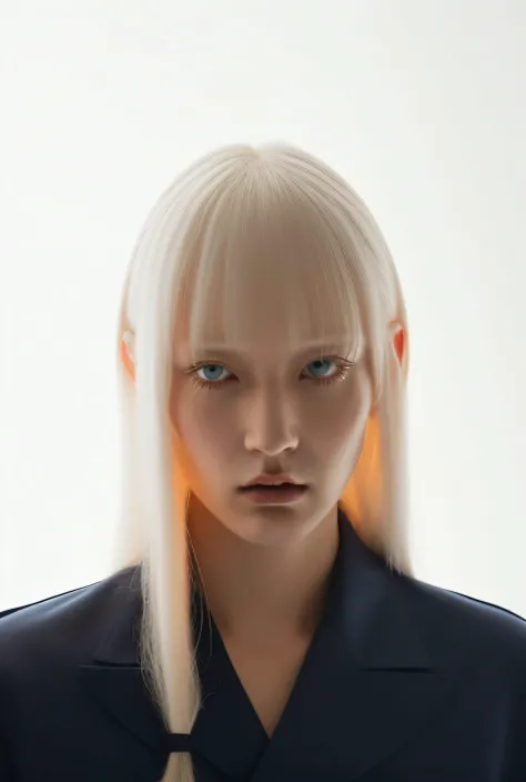 <lora:balenciagaPortrait_v10:1>, balenciaga, photo \(medium\), (((masterpiece))), (((best quality))), ((ultra-detailed)), (illustration), ((an extremely delicate and beautiful)), beautiful detailed anime eyes,bright glowing white eyes, red gloves, blunt ends, buttons, gloves, ingricat hairstile, ornate, hair between eyes, long white hair, long sleeves, military, military uniform, multicolored hair, sidelocks, smile, solo, straight hair, streaked hair, uniform, very long hair, upper body, menacing gaze, cute nose,(cleavage:1.1), ( harsh expression:1.3),battle on backgound, explosions,
