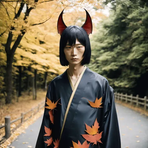 <lora:balenciaga:1>, balenciaga, photo \(medium\), animal ears, autumn, bat wings, japanese clothes, leaf, miko, shinsengumi, wings