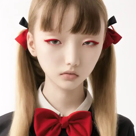 <lora:balenciaga:1>, balenciaga, photo \(medium\), 1girl, black shirt, blonde hair, bow, collared shirt, colored eyelashes, dress shirt, hair tucking, hand up, highres, leaning forward, long hair, looking at viewer, nail polish, overalls, parted lips, paryi, red bow, red eyes, red nails, red overalls, shirt, short sleeves, simple background, solo, strap slip, twintails, very long hair, white background