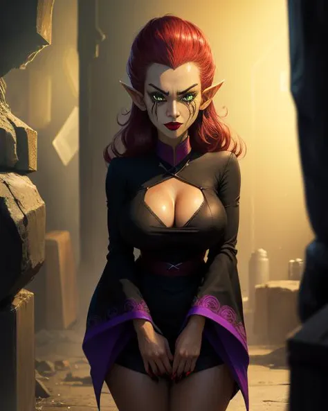 Wuya, large red hair, green eyes, dark skin, pointy ears , nail polish ,red lips, facial mark , medium breasts, barefoot,, standing, close uo,solo upper body,
WuyDre,black dress with red shash,wide sleeves,long sleeves,cleavage
dark cave , purple lights, dark corners,evil, smug expression,
(insanely detailed, beautiful detailed face, masterpiece, best quality) <lora:Wuya:0.8>