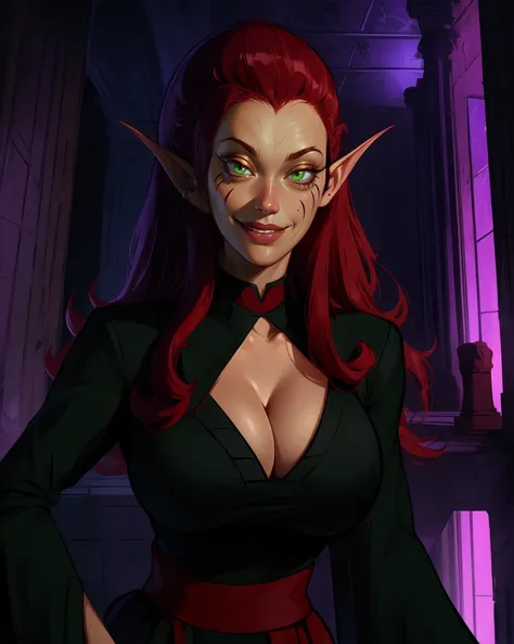 Wuya,large red hair,green eyes,pointy ears,facial mark,smile,
black dress,red sash,wide sleeves,cleavage,
standing,upper body,
dark temple,purple lights,dark corners,
(insanely detailed, beautiful detailed face, masterpiece, best quality),<lora:Wuya-10XSv7:0.8>,