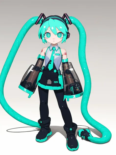 best quality,amazing quality,very aesthetic,absurdres,simple_background, solo, white_background,1girl, looking_at_viewer, full_body, standing, closed_mouth, long_hair, skirt, android, necktie, boots, robot_joints, joints, very_long_hair, twintails, hatsune_miku, detached_sleeves, black_footwear, shoes, robot_girl, green_eyes, green_hair, mechanization, see-through, multicolored_hair, see-through_sleeves, arms_at_sides, straight-on, cable, expressionless, mechanical_parts, english_text, <lora:lvzi-000006:1>