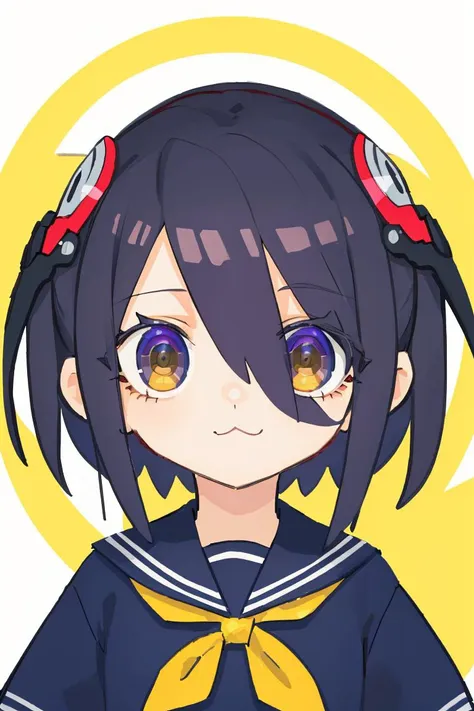 lvzi,1girl,:3,medium hair,burst shot,halo,(x hair ornament),dark blue eyes, dark blue hair,(hair over one eye:1.2),perfect oval iris,sailor collar and neckerchief,simple_background, white_background,, <lora:lvzi-000006:1>, best quality,amazing quality,very aesthetic,absurdres,