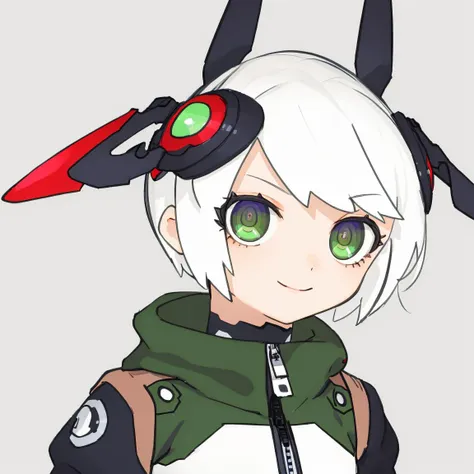 lvzi, short_hair, 1girl, green_eyes, white_hair, simple_background, solo, colored_skin, looking_at_viewer, white_background, closed_mouth, smile, headgear, blue_skin, zipper_pull_tab, zipper, sketch, portrait, collar <lora:lvzi-000006:1>, best quality,amazing quality,very aesthetic,absurdres,