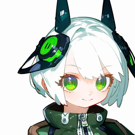 lvzi, short_hair, 1girl, green_eyes, white_hair, simple_background, solo, colored_skin, looking_at_viewer, white_background, closed_mouth, smile, headgear, blue_skin, zipper_pull_tab, zipper, sketch, portrait, collar, <lora:lvzi-000006:1>, best quality,amazing quality,very aesthetic,absurdres,