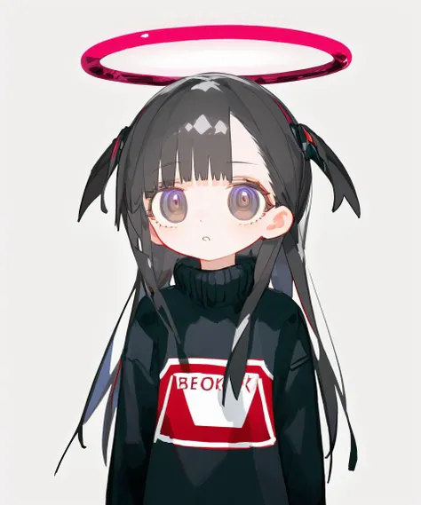 lvzi,1girl, solo, halo, simple background, long hair, sweater, looking at viewer, black hair, upper body, grey eyes, long sleeves, turtleneck, bangs, english text, brown hair, jacket, parted lips, expressionless, black eyes, shirt, shadow, brown eyes,best quality, amazing quality, very aesthetic, absurdres, <lora:lvzi-000006:1>