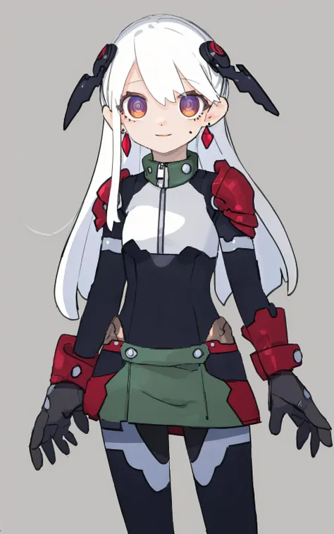 lvzi,solo, 1girl, looking at viewer, white hair, blue eyes, long hair, armor, braid, simple background, parted lips, breasts, white background, cowboy shot, gloves, grey background, hair between eyes, bodysuit, closed mouth, earrings, jewelry, floating hair, mole, smile, medium breasts, standing, bangs, spot color, dress, hand up, <lora:lvzi-000006:1>, best quality,amazing quality,very aesthetic,absurdres,