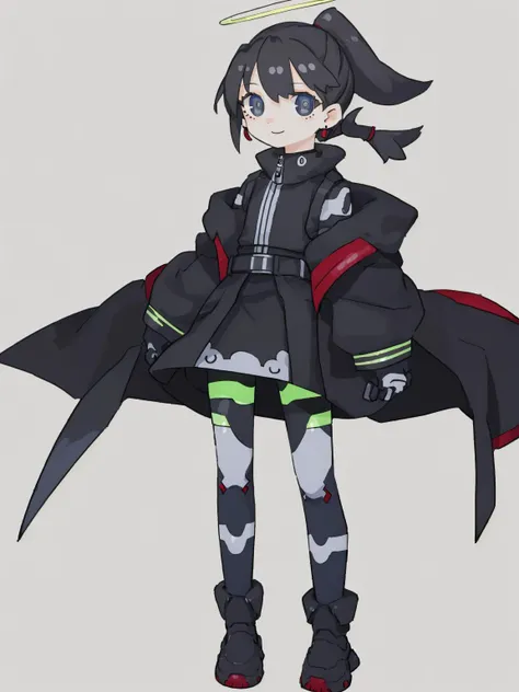 lvzi,msw, best quality, illustrious,1girl, monochrome, greyscale, solo, halo, long hair, chain, boots, standing, wings, simple background, full body, belt, white background, sleeves past wrists, closed mouth, twintails, ponytail, dress, very long hair, long sleeves, bangs, choker, frills, looking at viewer, parted lips, smile, collar, skirt, earrings, jewelry, looking to the side, black dress, <lora:lvzi-000006:1>