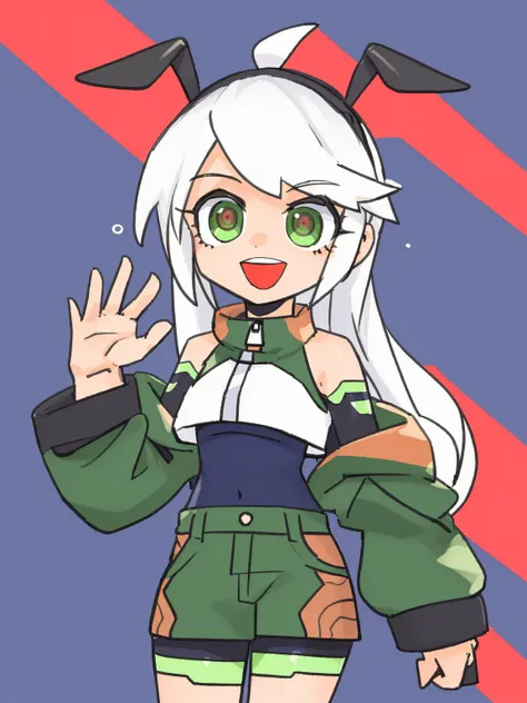 lvzi,1girl,solo,green eyes,smile,:d,long hair,white hair,animal ears,animal ear fluff,eyebrows visible through hair,medium breasts,navel,bare shoulders,yellow jacket,off shoulder,crop top,midriff,yellow skirt,hand up,waving,cropped legs,simple background,blue background, <lora:lvzi-000006:1>, best quality,amazing quality,very aesthetic,absurdres,
