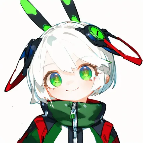 lvzi, short_hair, 1girl, green_eyes, white_hair, simple_background, solo, colored_skin, looking_at_viewer, white_background, closed_mouth, smile, headgear, blue_skin, zipper_pull_tab, zipper, sketch, portrait, collar, <lora:lvzi-000006:1>, best quality,amazing quality,very aesthetic,absurdres,