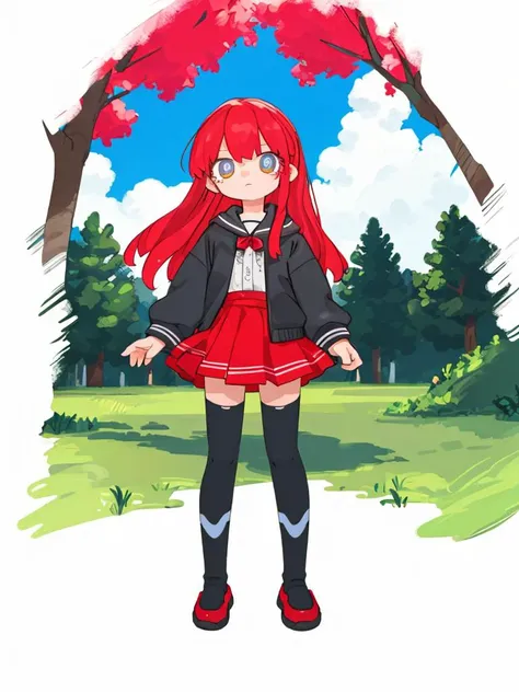 [(white background:1.4)::0.4],(masterpiece:1.2),(best quality:1.2),1girl,(full body:1.2),standing,solo,beautiful and delicate face,expressionless,blue eyes,eyeliner,looking at viewer,long hair,(red hair),bangs,hair between eyes,legendary,skirt,black over-kneehighs socks,flower,outdoors,tree,, <lora:lvzi-000006:1>