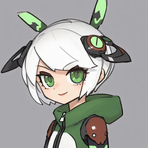 lvzi, short_hair, 1girl, green_eyes, white_hair, simple_background, solo, colored_skin, looking_at_viewer, white_background, closed_mouth, smile, headgear, blue_skin, zipper_pull_tab, zipper, sketch, portrait, collar ,   <lora:lvzi-000006:1>, best quality,amazing quality,very aesthetic,absurdres,