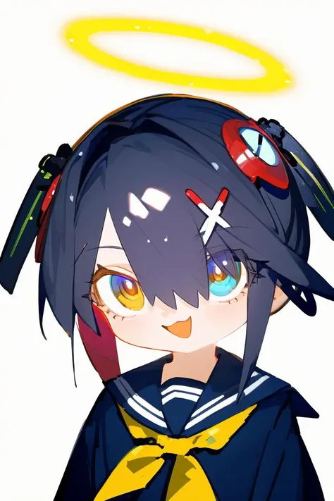 lvzi,1girl,:3,medium hair,burst shot,halo,(x hair ornament),dark blue eyes, dark blue hair,(hair over one eye:1.2),perfect oval iris,sailor collar and neckerchief,simple_background, white_background,, <lora:lvzi-000006:1>, best quality,amazing quality,very aesthetic,absurdres,