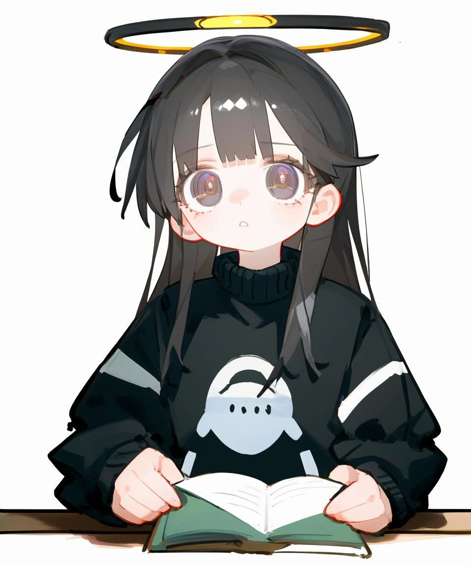 lvzi,1girl, solo, halo, simple background, long hair, sweater, looking at viewer, black hair, upper body, grey eyes, long sleeves, turtleneck, bangs, english text, brown hair, jacket, parted lips, expressionless, black eyes, shirt, shadow, brown eyes,best quality, amazing quality, very aesthetic, absurdres, <lora:lvzi-000006:1>