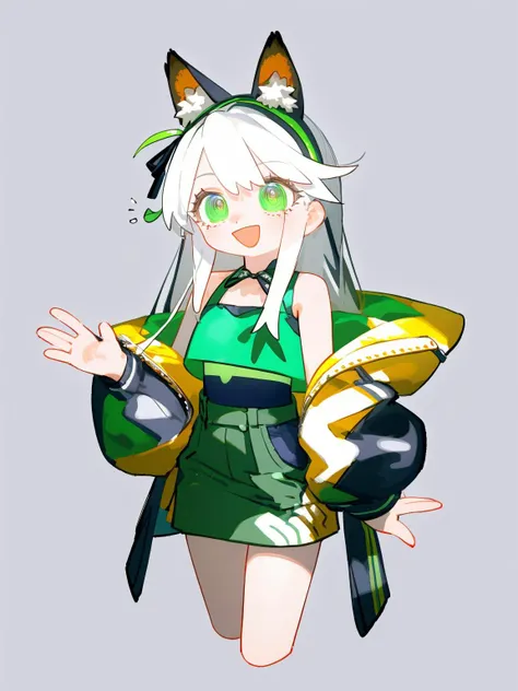 highres,detailed,best quality,masterpiece,illustration,wallpaper,alter,1girl,solo,green eyes,smile,:d,long hair,white hair,animal ears,animal ear fluff,eyebrows visible through hair,medium breasts,navel,bare shoulders,yellow jacket,off shoulder,crop top,midriff,yellow skirt,hand up,waving,cropped legs,simple background,blue background,, <lora:lvzi-000006:1>
