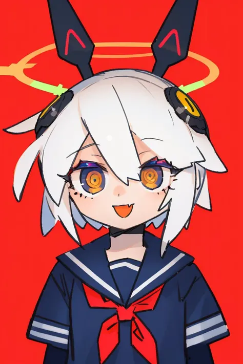 lvzi,1girl,:3,medium hair,burst shot,halo,(x hair ornament),dark blue eyes, dark blue hair,(hair over one eye:1.2),perfect oval iris,sailor collar and neckerchief,simple_background, white_background,, <lora:lvzi-000006:1>, best quality,amazing quality,very aesthetic,absurdres,
