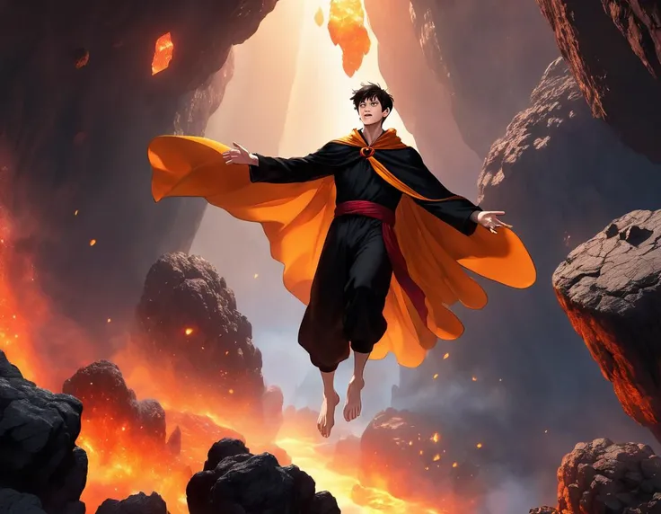 Male barefoot summoner levitating with short dark hair robes and cape arms lifted up over a broken earth bright lava light from below asteroid field (jagged rocks boulders and debris shooting into the air:1.3) (windy dust debris storm:1.1) volumetric fog mist ray tracing z pass bright light from below, (masterpiece) (best quality) (detailed) (8k) (cinematic lighting) (sharp focus) (intricate)