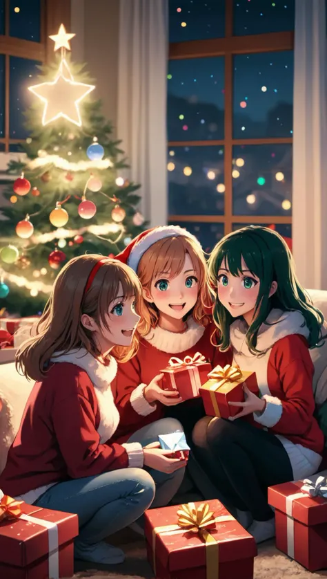 (anime),women and friends enjoying presents at christmas in a living room with christmas lights,anime style,