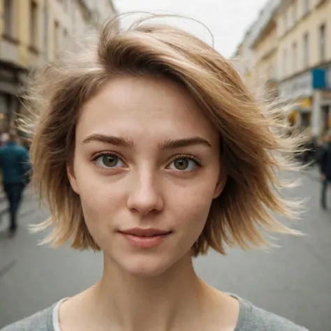 Create a selfie photo taken with the front camera of an iPhone 15. An ultra-realistic and detailed photo of a beautiful 23-year-old woman, with short dark blonde hair, with a nostalgic expression, captured in motion on a street in Kiev in Ukraine, With motion blur, it is captured in natural daylight.