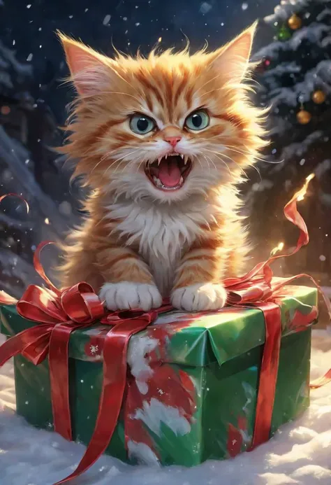 unique realistic (fluffy angry kitten:1.8) (bursting free of a wrapped Christmas gift:1.8), (Angry and hissing:1.2), BREAK, A (Shocked women holding the gift:1.8), a phantasmagoria, Egyptian Night Atmosphere, Dynamic Angle, Dramatic Lighting, desert winter masterpiece, digital painting,<lora:add-detail-xl:1.4>, windy epic polar, ,(luminous cat eye),professional make-up, mesmerize