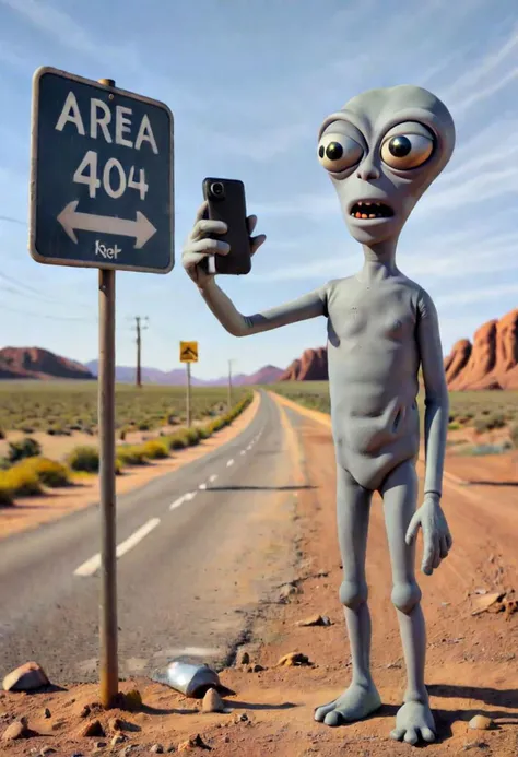A dusty and dented metal road sign that has "Area 404" painted on it. with an little grey alien taking a selfie next to it, <lora:BetterTextRedmond:1>, hyperrealism, claymation,