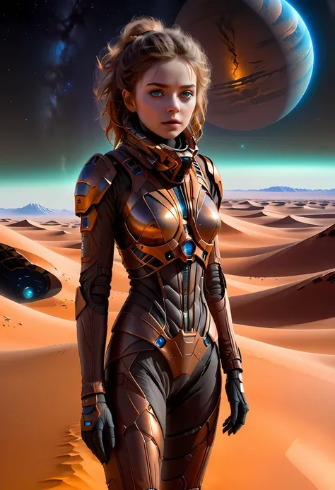 A solitary girl in a stillsuit stands on the desolate planet of Arrakis. Her eyes hold a deep longing for the precious substance that extends life and expands consciousness. The dark atmosphere is filled with low light, creating an eerie gritty ambiance reminiscent of space travel. This key visual captures the essence of Dune's universe. The mature anime style adds to its intrigue while showcasing highly detailed elements make it a must-see for fans of this epic sci-fi saga, <lora:StillsuitXL_1.3:0.5>