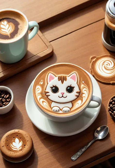 masterpiece, high quality, realistic aesthetic photo, pore and detailed, intricate detailed, (((latte art))), a cup of coffee on the table, (((a cute cat)),