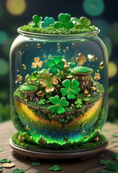 microverse four leaf clover, inside is filled with miniature leprechauns, pots of gold, rainbows, extremely detailed