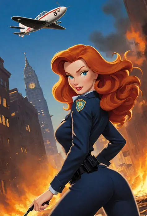 Drawn by Bruce Timm animated series, full-length, creates a beautiful and exuberant ginger red-haired woman, with wavy hair, which covers part of her face, she dressed in a super secret agent suit, glamorous and in an extravagant and heroic position, A city on fire, with police and aircraft, is captured in motion with background blur. Brucce Timm's drawn style predominates, with his illustration style from the 1995 animated series. Sunset