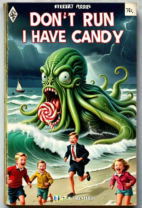 Book cover of a vintage novel called ("Don't  Run I Have Candy!":1.4) depicting Cthulhu eating cute terrified children running for there lives, crying, shaking in terror(ocean, beach, and dark stormy skies in background:1.5),realistic,highly detailed,realistic,lifelike,studio photo,highly detailed,dynamic,cinematic,masterpiece,intricate,hdr,abstract fractal,art by Steven Rhodes