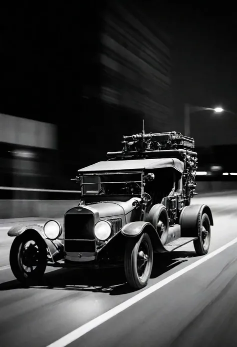 Night in 1922 exterior night, photograph taken with a 35mm camera outdoors in black and white. A Ford model T car, a military modified vehicle with futuristic weapons, high-tech machine guns, moves at full speed captured in motion with motion blur, madmax steampunk type vehicle
