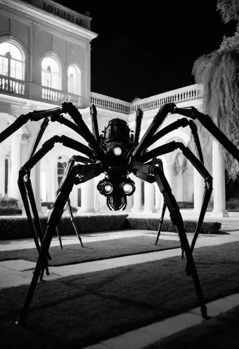 Night in 1922 exterior night, photograph taken with a 35mm camera outdoors in black and white. Garden of a mansion, A gigantic ultra-futuristic mechanical spider, armed with high-tech machine guns, advances, a military modified with futuristic weapons, high-tech machine guns, moves at full speed captured in motion with motion blur, madmax steampunk type