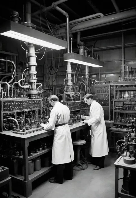 Night in 1922 interior of a scientist's laboratory at night, photograph taken with a 35mm camera outdoors in black and white. a mad scientist is making futuristic Robots, high-tech robots surrounded by tesla coils, captured in motion with motion blur, steampunk