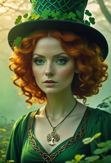 cinematic film still ,<lora:ClearHand-V2:0.6>,<lora:add-detail-xl:1>,<lora:hyperkraximalism:0.5>, beautiful celtic witch,ginger hair,clover,tree of life pendant,masterpiece . shallow depth of field,vignette,highly detailed,high budget,bokeh,cinemascope,moody,epic,gorgeous,film grain,grainy, red curly hair, wearing green top hat, celtic, highly detailed, (dystopian surrealist painting, art by ZdzisÅaw BeksiÅski and dariusz zawadzki), psychedelic horror, photorealism, 3d render, cinematic lighting, horror film still, golden hour, rim lighting, sharp focus, skin detail, green smoke, foggy